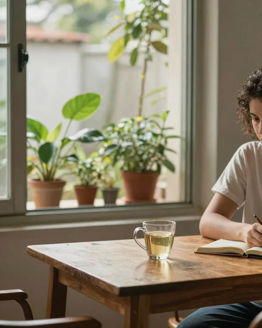 Momento de pausa e descanso em casa: uma pessoa sentada perto de uma janela com luz natural suave, uma xícara de chá sob