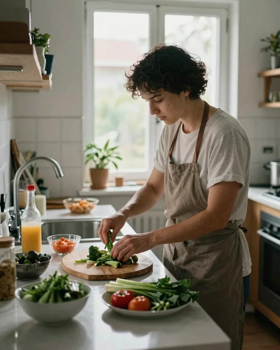 Pessoa preparando uma refeição simples numa cozinha iluminada por